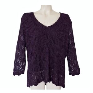 Cato Purple Crochet Vneck Sweater Eggplant Business Casual Grandma Lace XL